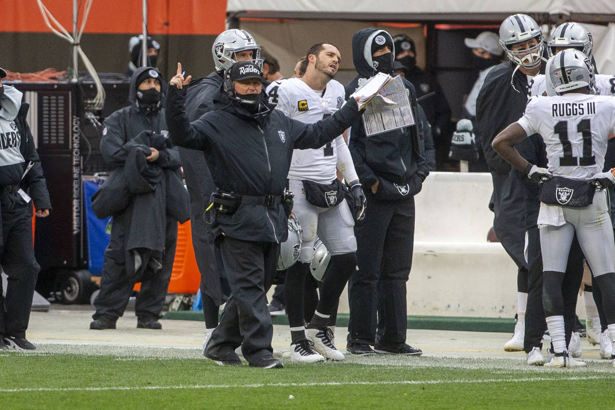 Las Vegas Raiders head coach Jon Gruden reacts after a touchdown scored by wide receiver Hunter ...