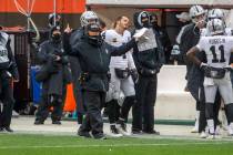 Las Vegas Raiders head coach Jon Gruden reacts after a touchdown scored by wide receiver Hunter ...