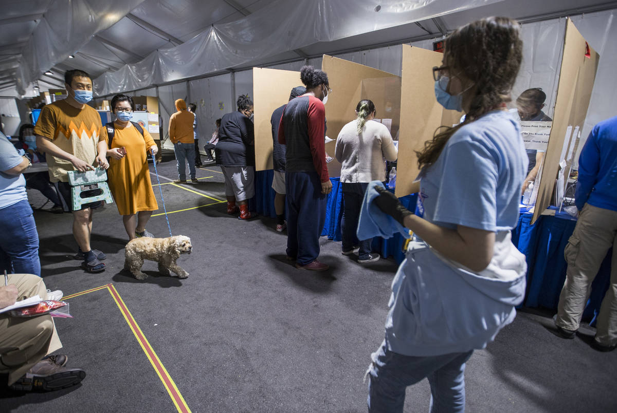 A voting couple arrives inside with their dog at the LVAC Rainbow voter center during Election ...