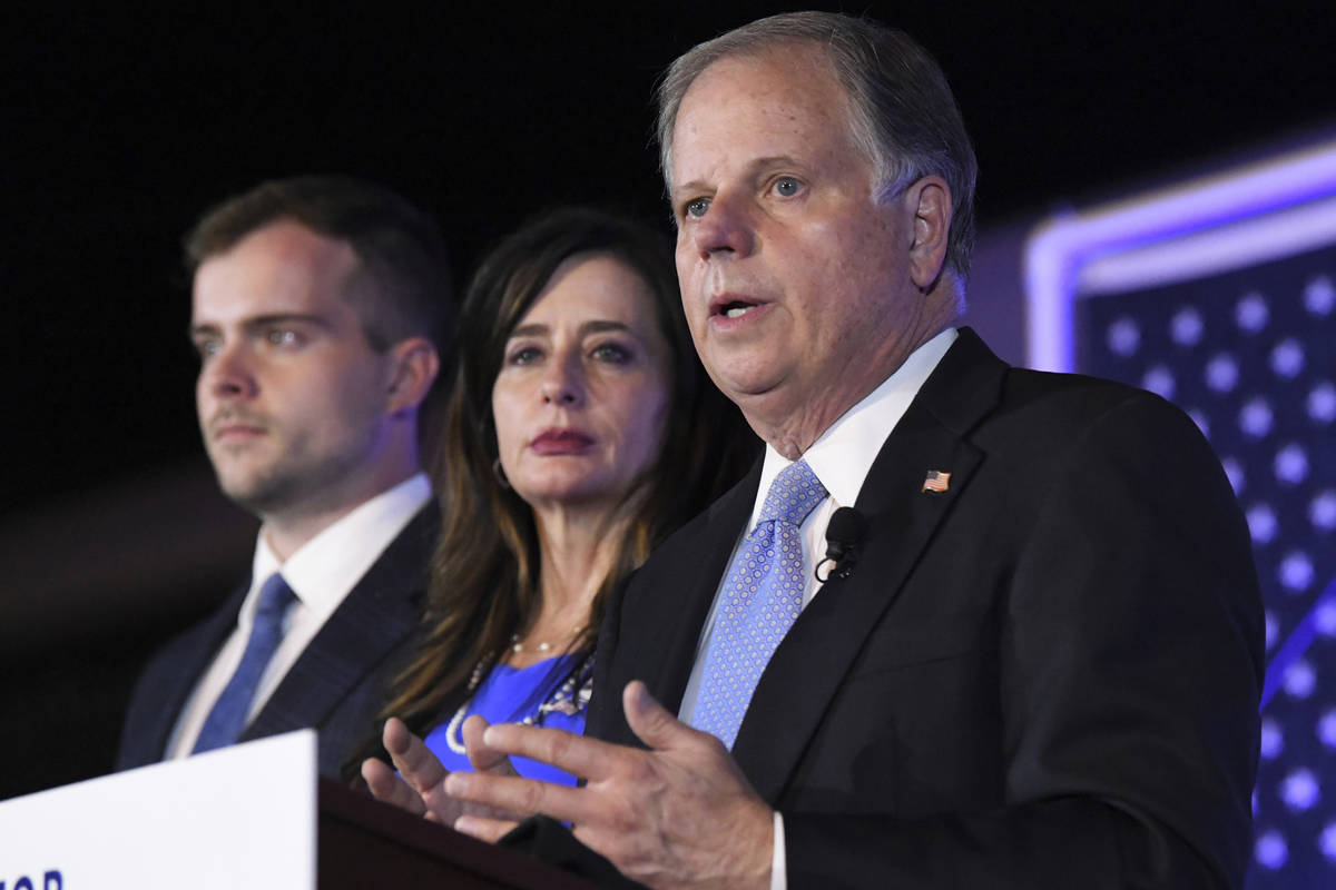 Sen. Doug Jones delivers his concession speech during his election night watch party, Tuesday, ...