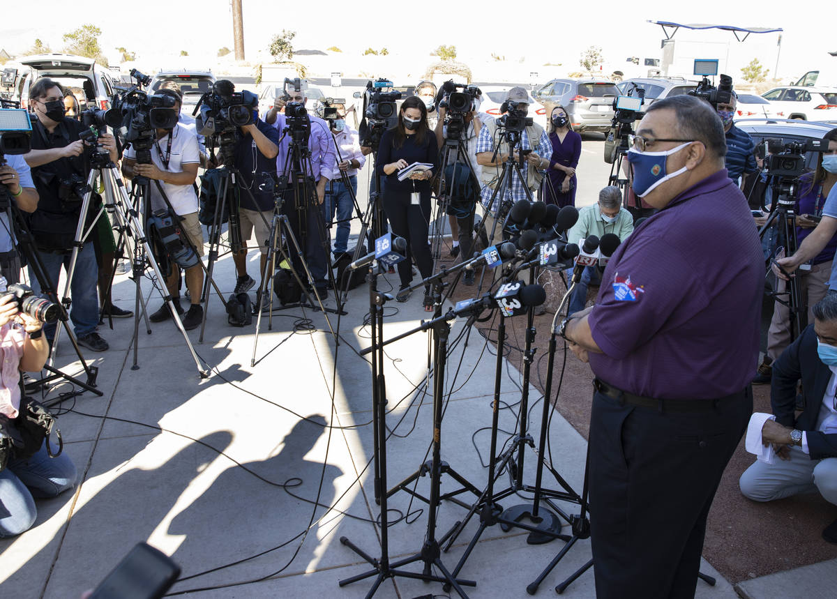 Clark County Registrar, Joe Gloria, provides a brief update to the media outside of the Electio ...