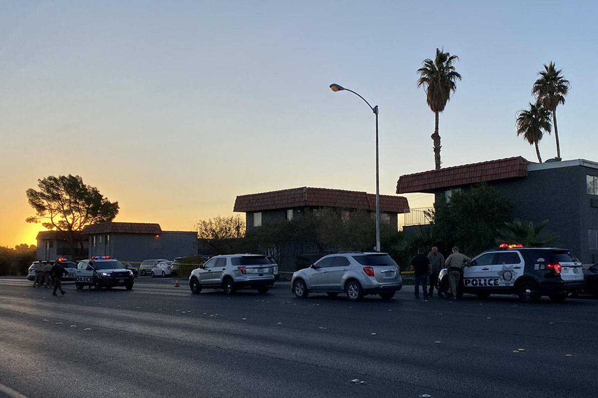Las Vegas police at a shooting scene at Harmon Avenue and Caliente Street on Wednesday, Nov. 4, ...