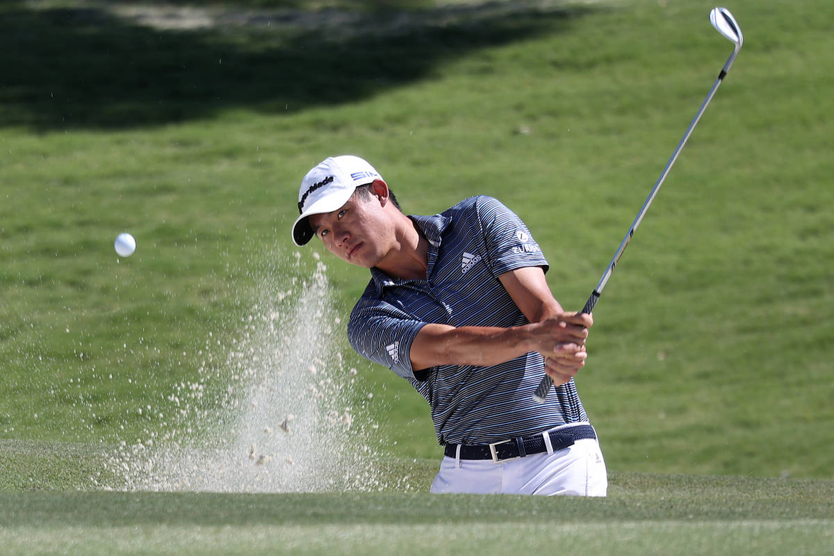 Collin Morikawa hits a chip shot during the 2020 Shriners Hospitals for Children Open practice ...