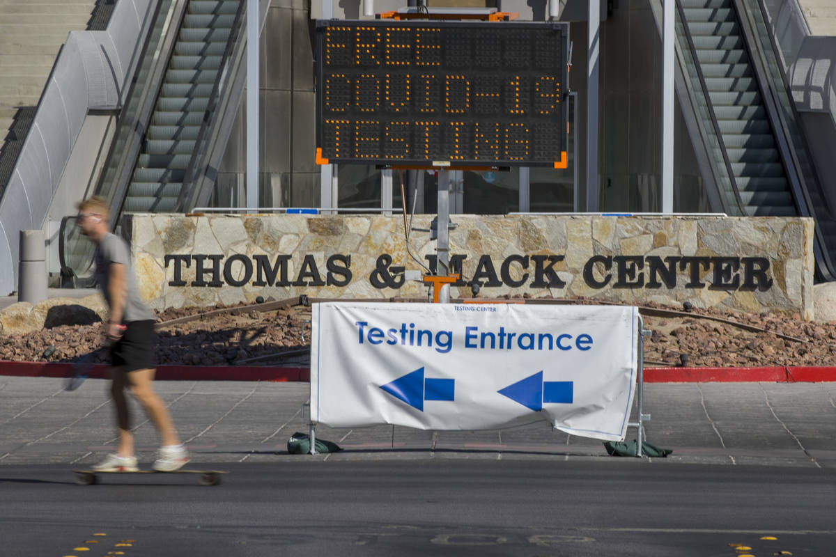 Signage directs individuals to the free walk-up COVID-19 testing offered at the Strip Pavilion ...