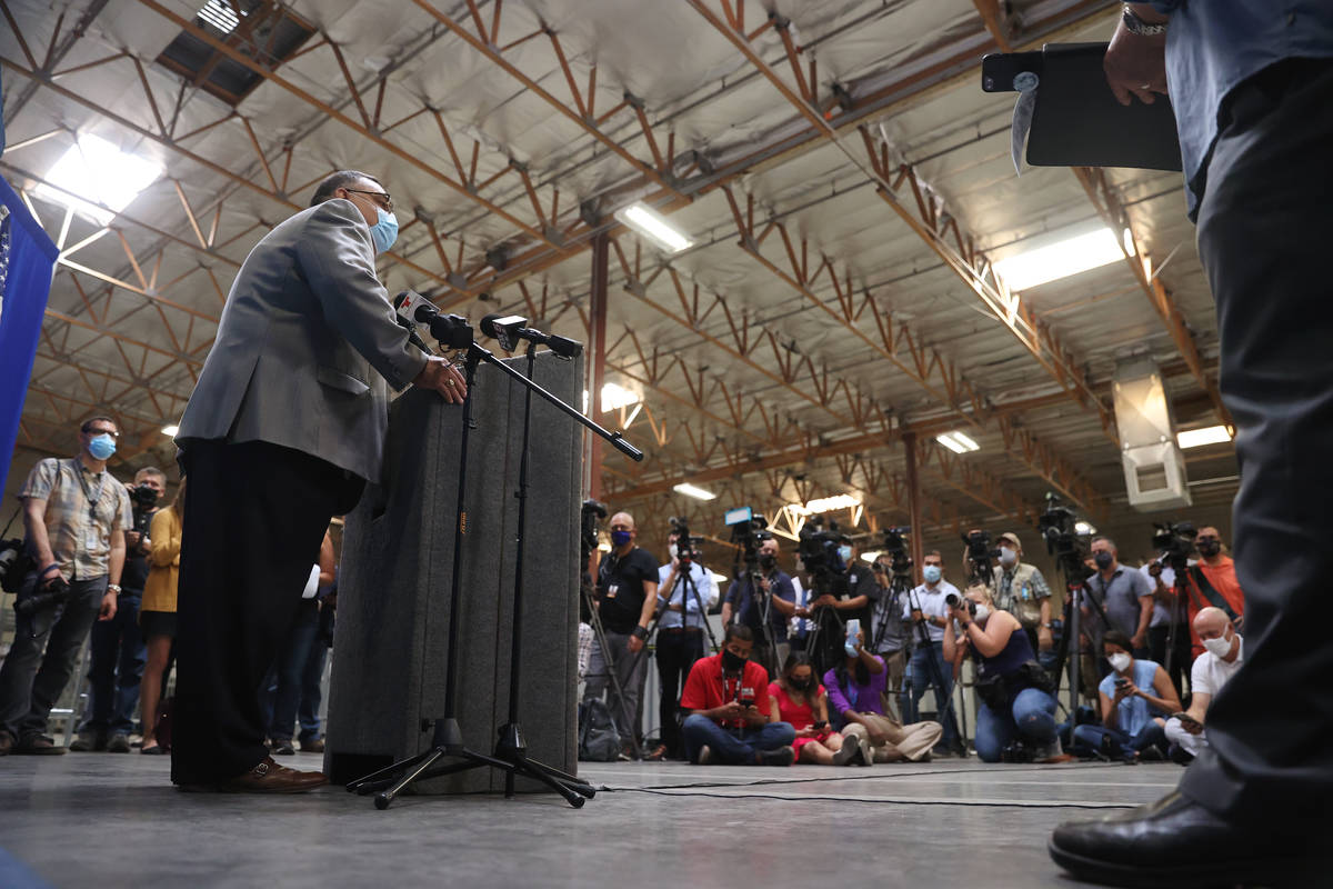 Clark County Registrar of Voters Joe Gloria speaks during a press conference at the Clark Count ...