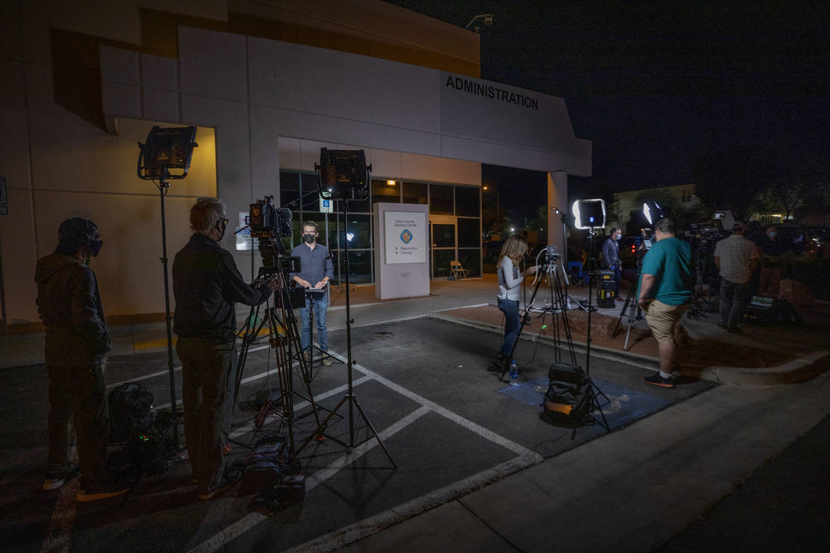 National media outlets are seen outside of the Clark County Election Department in North Las Ve ...