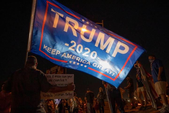 Protesters participate in a Stop the Steal protest at the Clark County Election Department in N ...