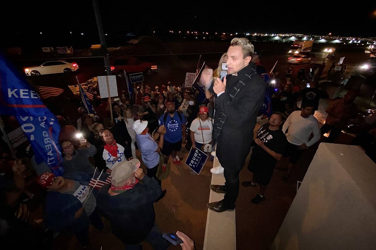 Activist Mike Coudrey addresses the Trump protest crowd Thursday, Nov. 5, 2020, outside the Cla ...