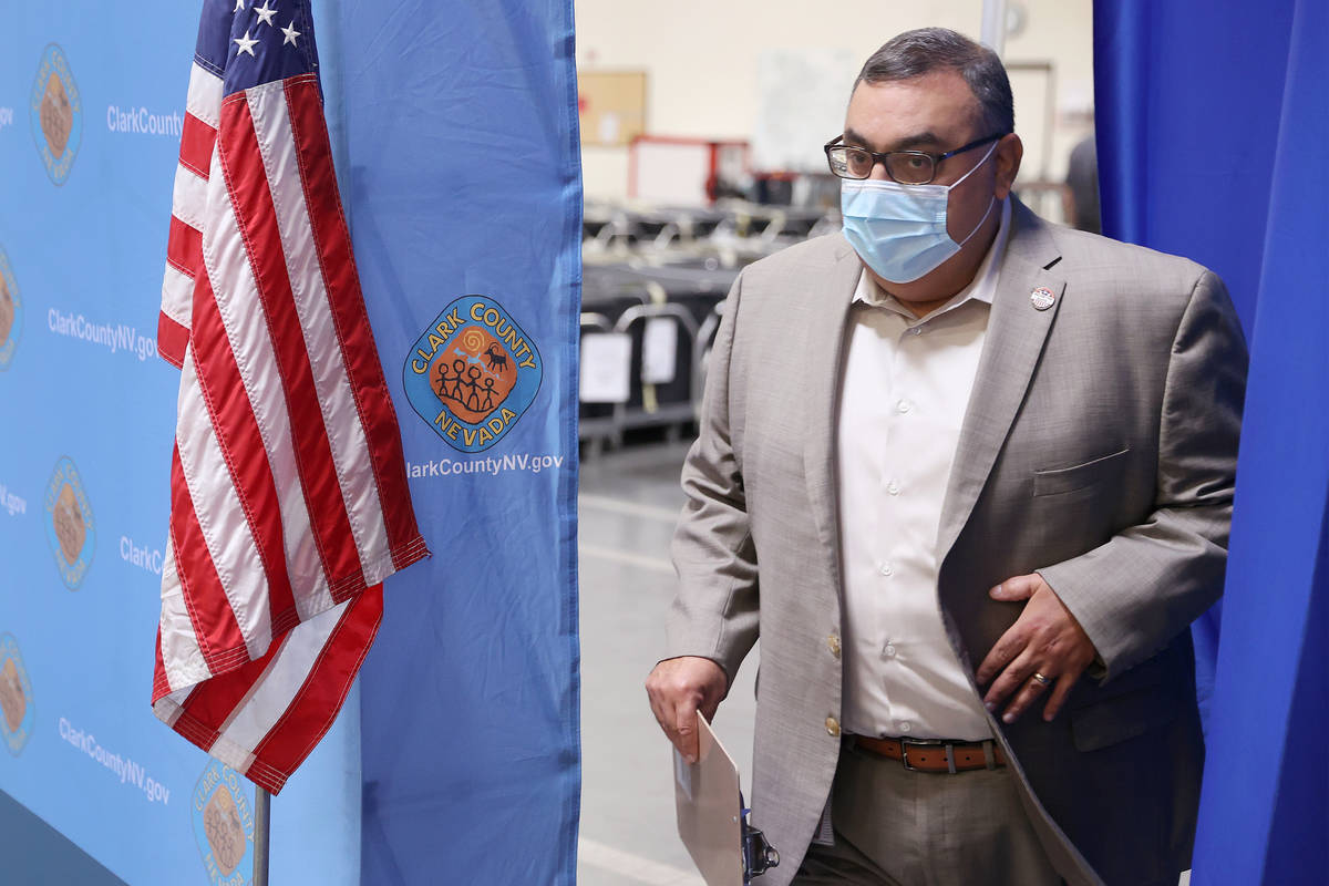 Clark County Registrar of Voters Joe Gloria arrives to a press conference at the Clark County E ...