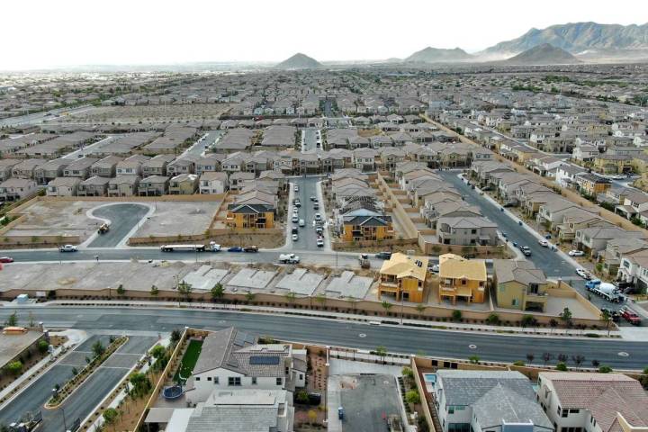 An aerial view of new home construction in Woodlands at Skye Canyon, a housing development near ...