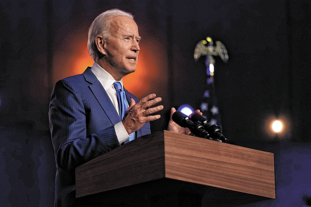 Democratic presidential candidate former Vice President Joe Biden speaks Friday, Nov. 6, 2020, ...