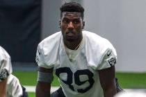 Las Vegas Raiders wide receiver Bryan Edwards (89) stretches during a practice session at the I ...