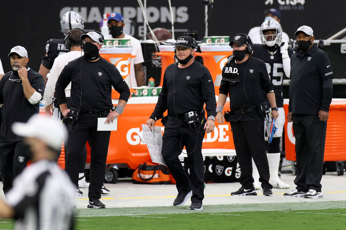 Las Vegas Raiders head coach Jon Gruden watches the game with his face mask down in the second ...
