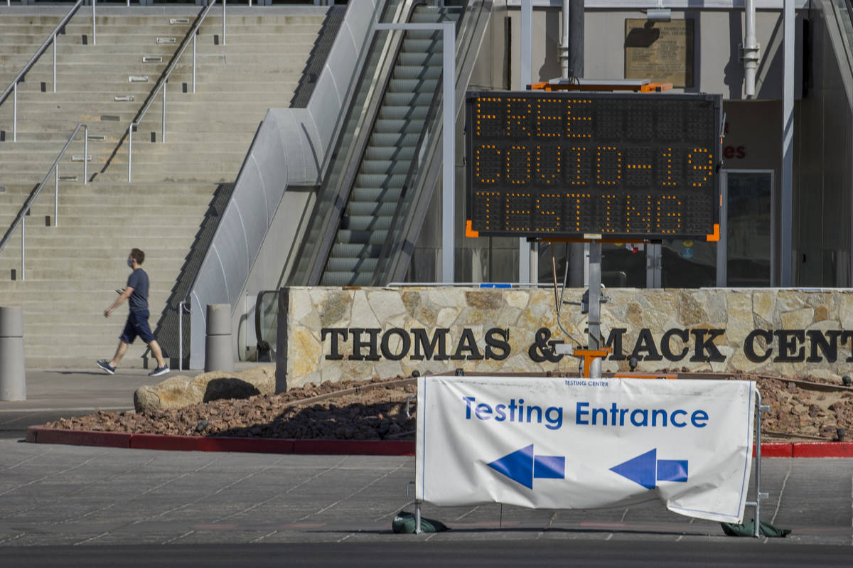 Signage directs individuals to the free walk-up COVID-19 testing offered at the Strip Pavilion ...