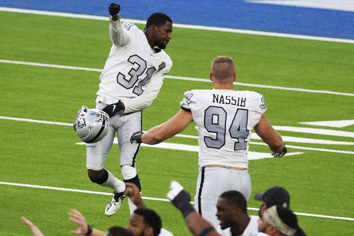 Las Vegas Raiders cornerback Isaiah Johnson (31) celebrates his stop of Los Angeles Chargers ti ...