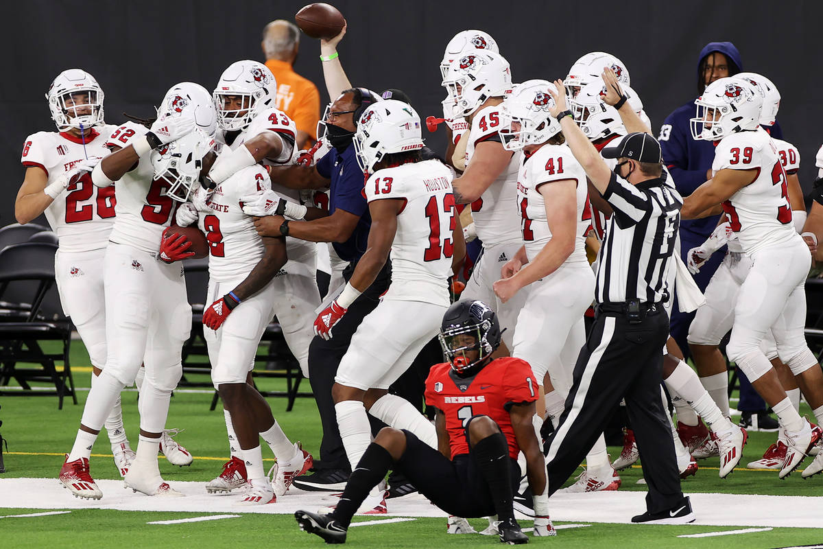 Fresno State Bulldogs defensive back Chris Gaston (2) celebrates an interception against UNLV R ...