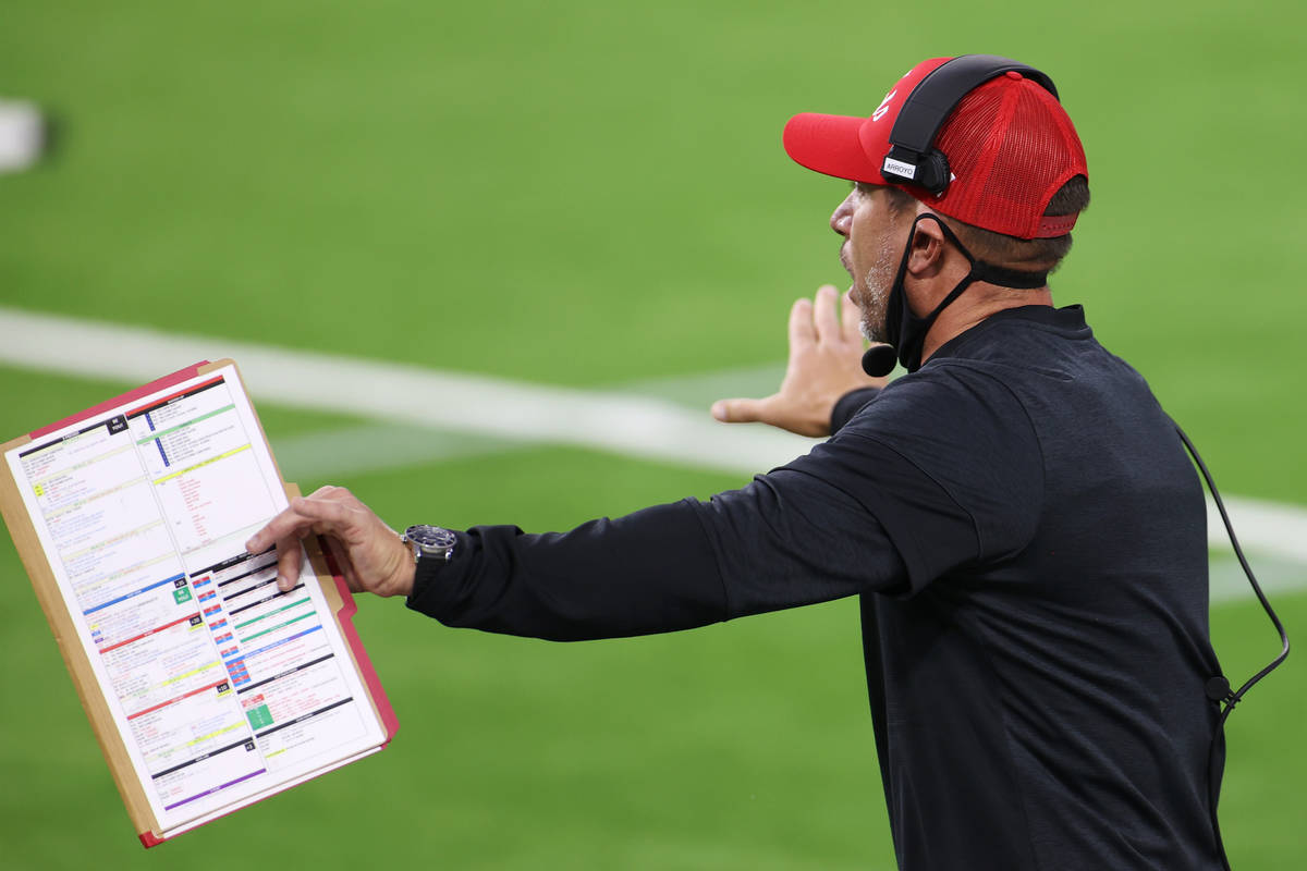 UNLV Rebels head coach Marcus Arroyo gestures to his team during the second quarter of their NC ...