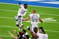 Las Vegas Raiders cornerback Isaiah Johnson (31) celebrates his stop of Los Angeles Chargers ti ...
