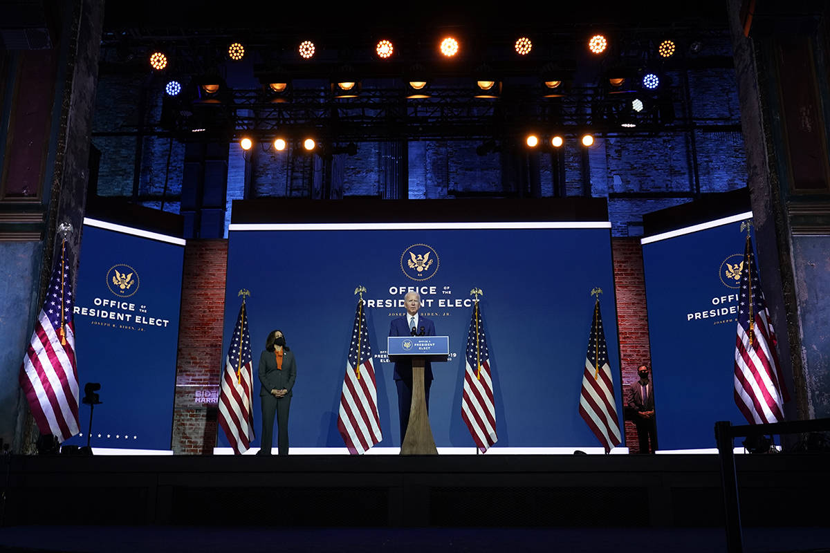 President-elect Joe Biden, joined by Vice President-elect Kamala Harris, speaks at The Queen th ...
