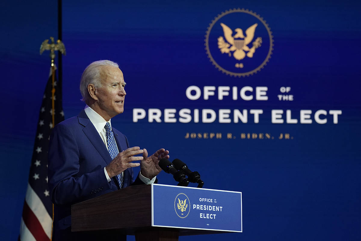 President-elect Joe Biden speaks at The Queen theater, Monday, Nov. 9, 2020, in Wilmington, Del ...
