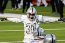 Las Vegas Raiders cornerback Isaiah Johnson (31) celebrates a big defensive stop in the second ...