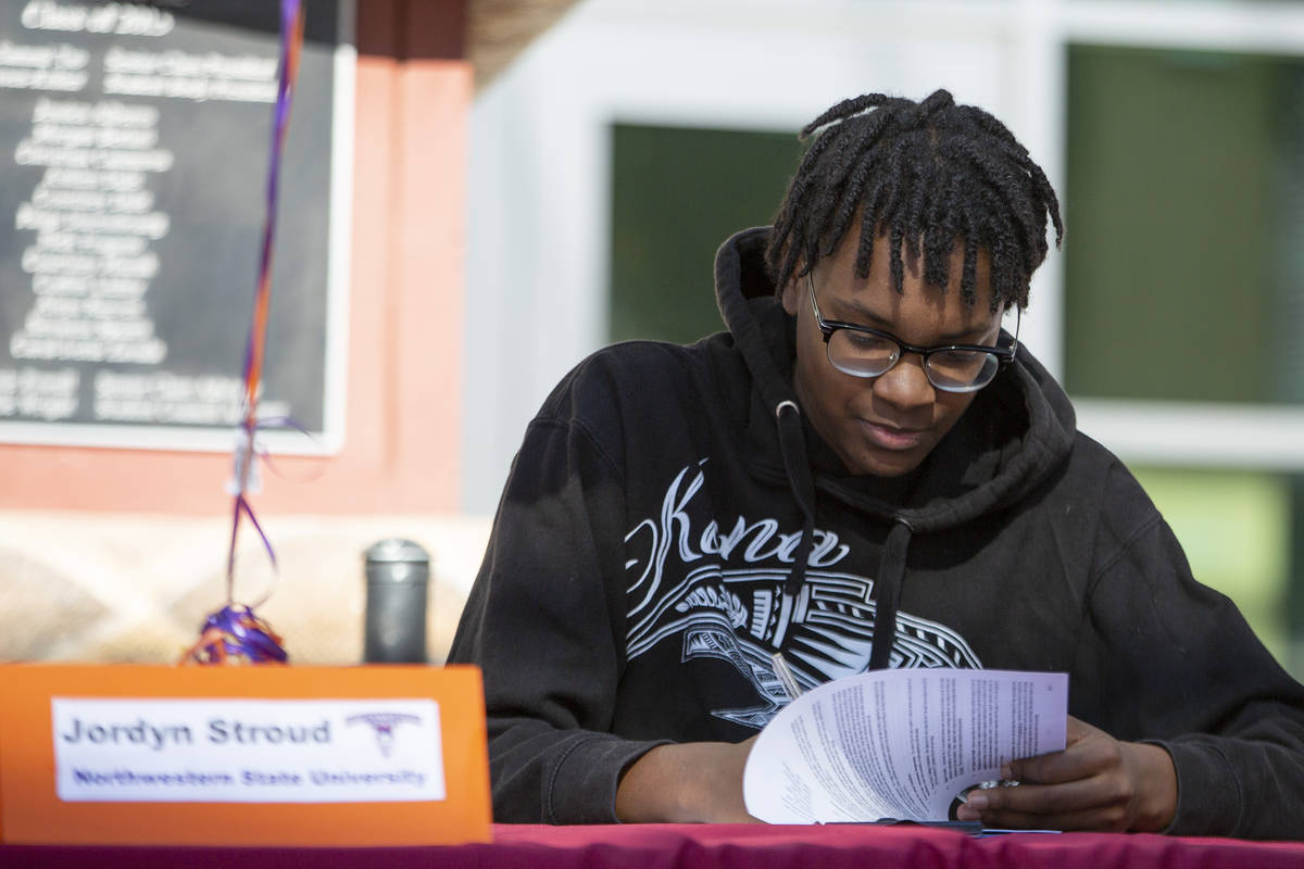 Basketball player Jordyn Stroud commits to Northwestern State University during a Signing Day c ...