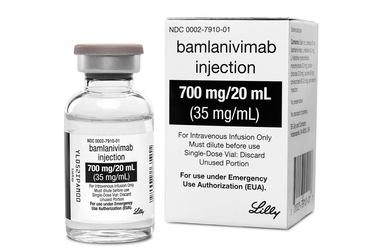 This photo provided by Eli Lilly shows the drug Bamlanivimab. On Monday, Nov. 9, 2020, the Food ...