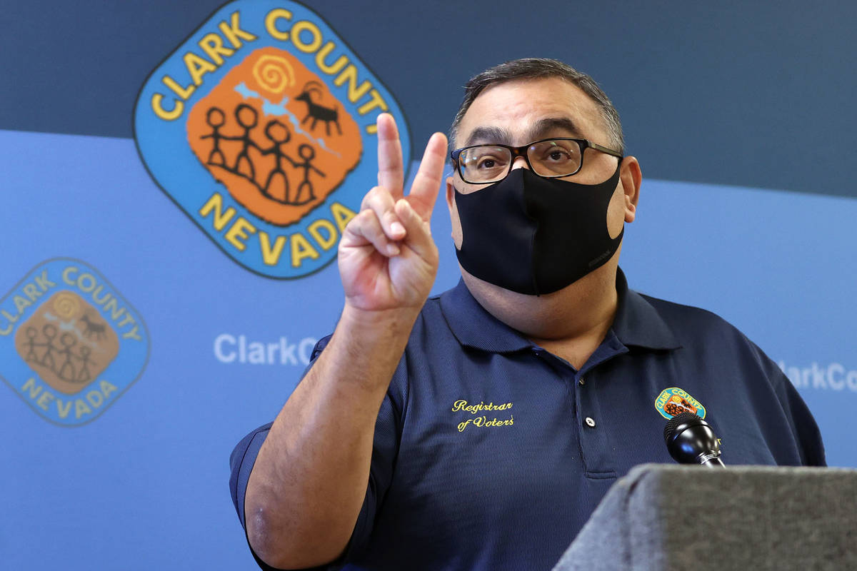 Clark County Registrar of Voters Joe Gloria speaks during a press conference at the Clark Count ...