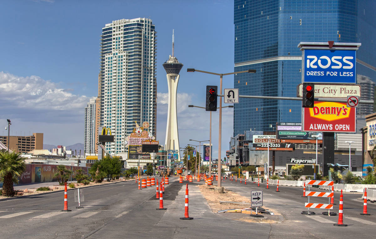 Las Vegas Boulevard is completely empty on Thursday, April 16, 2020, in Las Vegas. (Benjamin Ha ...