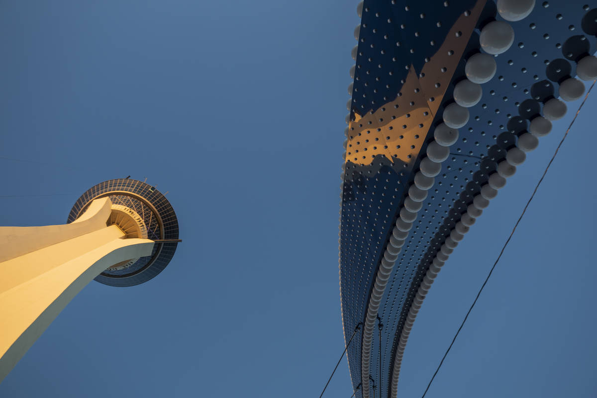 The nearly finished $6.5 million-dollar gateway arches tower 80 feet above Las Vegas Boulevard ...