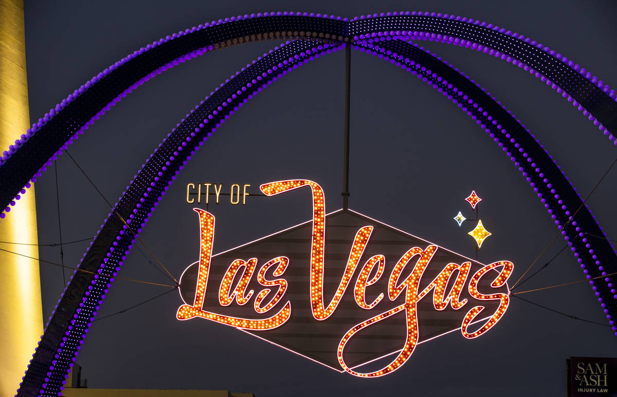 The downtown gateway arches are fully illuminated for the first time on Wednesday, Nov. 18, 202 ...