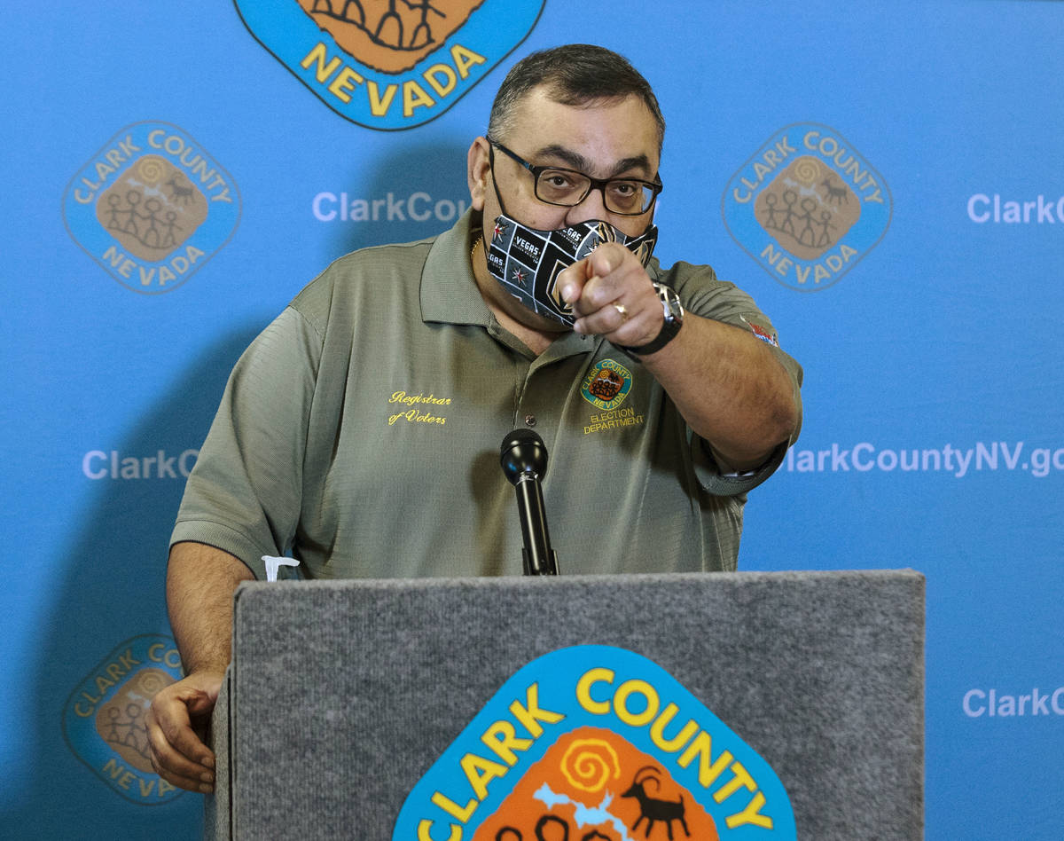 Clark County Registrar, Joe Gloria, takes reporters questions as he provides an update on elect ...