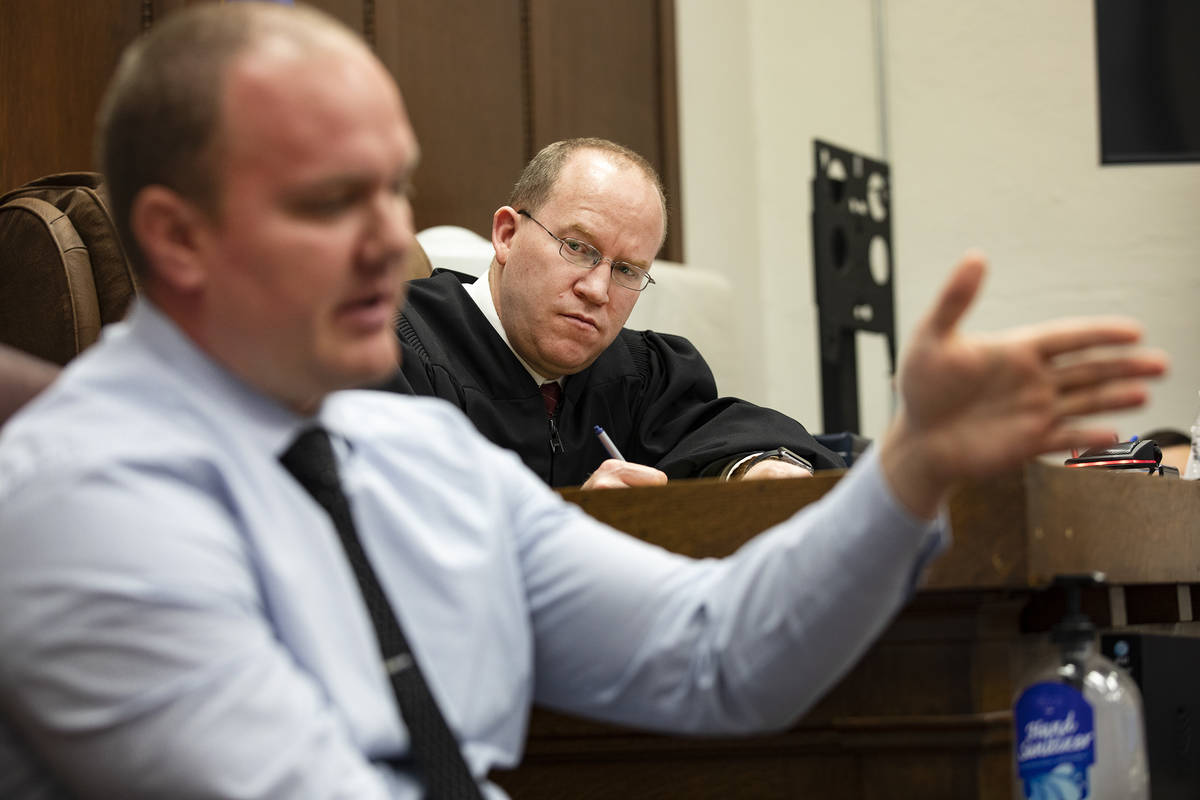 Justice of the Peace Mason Simons listens to the testimony of White Pine County Sheriff’s Off ...