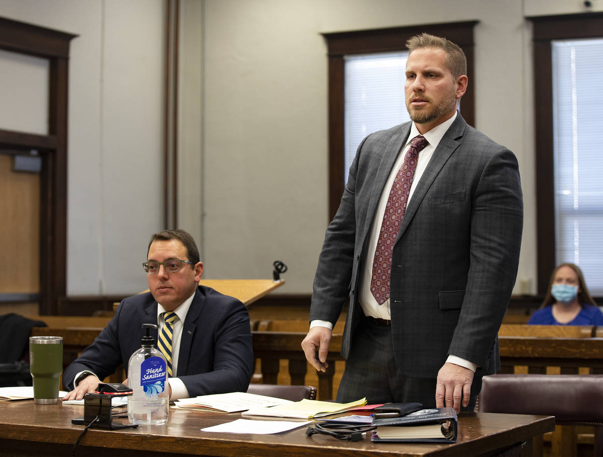 White Pine County District Attorney Michael Wheable, right, during a preliminary hearing in Ely ...
