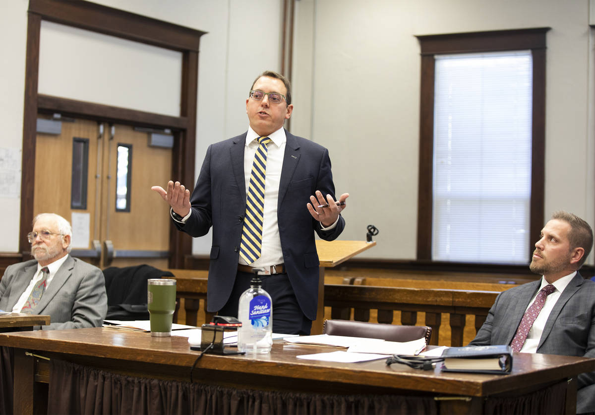 James Beecher, a deputy district attorney for White Pine County, questions a witness during a p ...