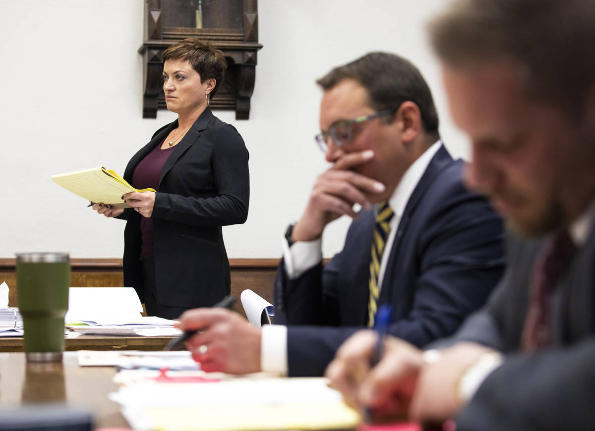 Defense attorney Kirsty Pickering during cross examination of a witness at a preliminary hearin ...