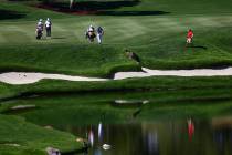 Golf players wait to head to the fourth green during the third round of the CJ Cup at the Shado ...