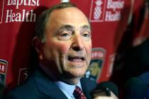 National Hockey League Commissioner Gary Bettman speaks to members of the media , Saturday, Mar ...