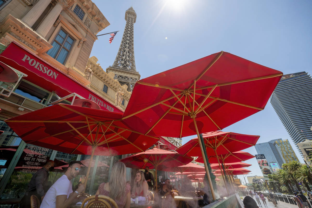 In this Aug. 7, 2020, file photo, guests dine at Mon Ami Gabi at Paris Las Vegas on the Strip. ...