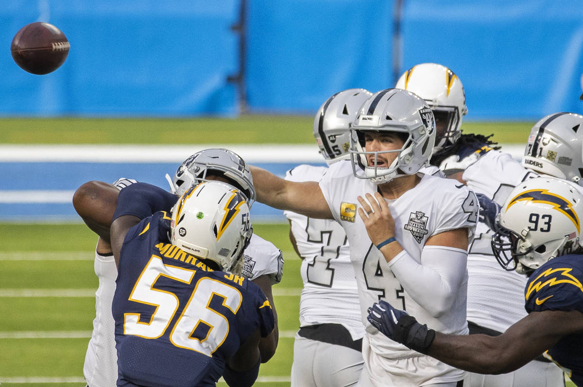 Las Vegas Raiders quarterback Derek Carr (4) passes the ball over Los Angeles Chargers lineback ...