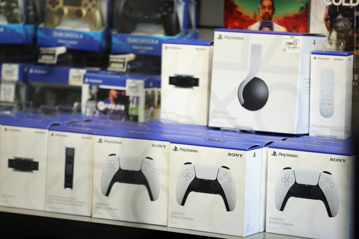 Accessories for the new Play Station 5 are seen at GameStop, 9975 S Eastern Ave., in Las Vegas, ...