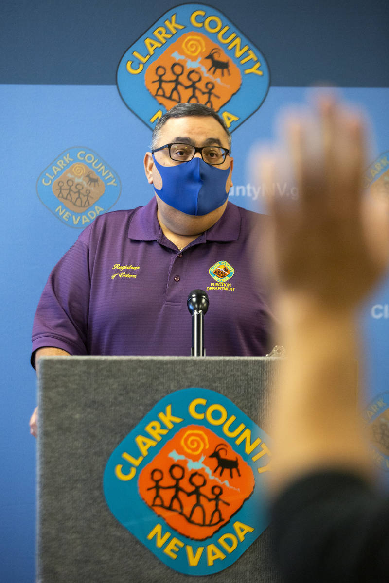 County Registrar of Voters Joe Gloria gives a press briefing at Clark County Election Center on ...