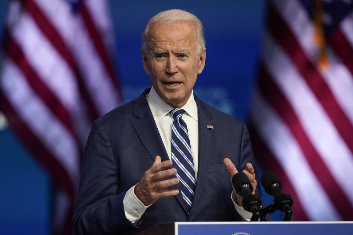 President-elect Joe Biden speaks Tuesday, Nov. 10, 2020, at The Queen theater in Wilmington, De ...