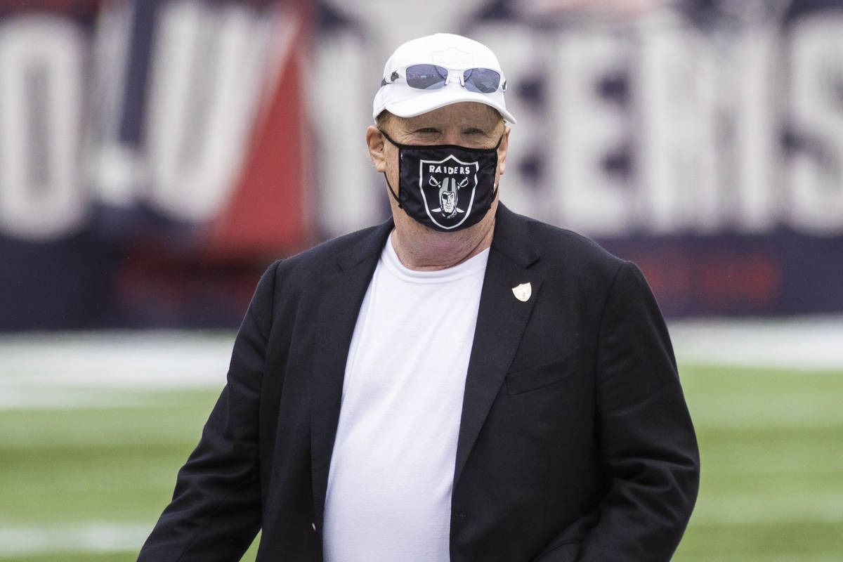 Las Vegas Raiders owner Mark Davis makes his rounds during warmups before the start of an NFL f ...