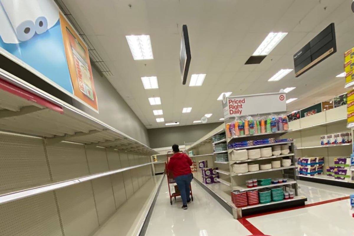 Empty paper product shelves at a Las Vegas Target store on Thursday, Nov. 12, 2020. (Mick Akers ...