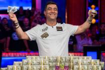 Hossein Ensan, from Germany, celebrates after winning the World Series of Poker Main Event on W ...
