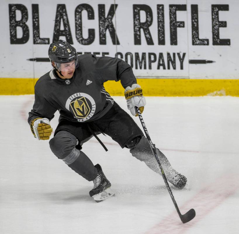Vegas Golden Knights defenseman Zach Whitecloud (2) skates some sprints and stops during practi ...