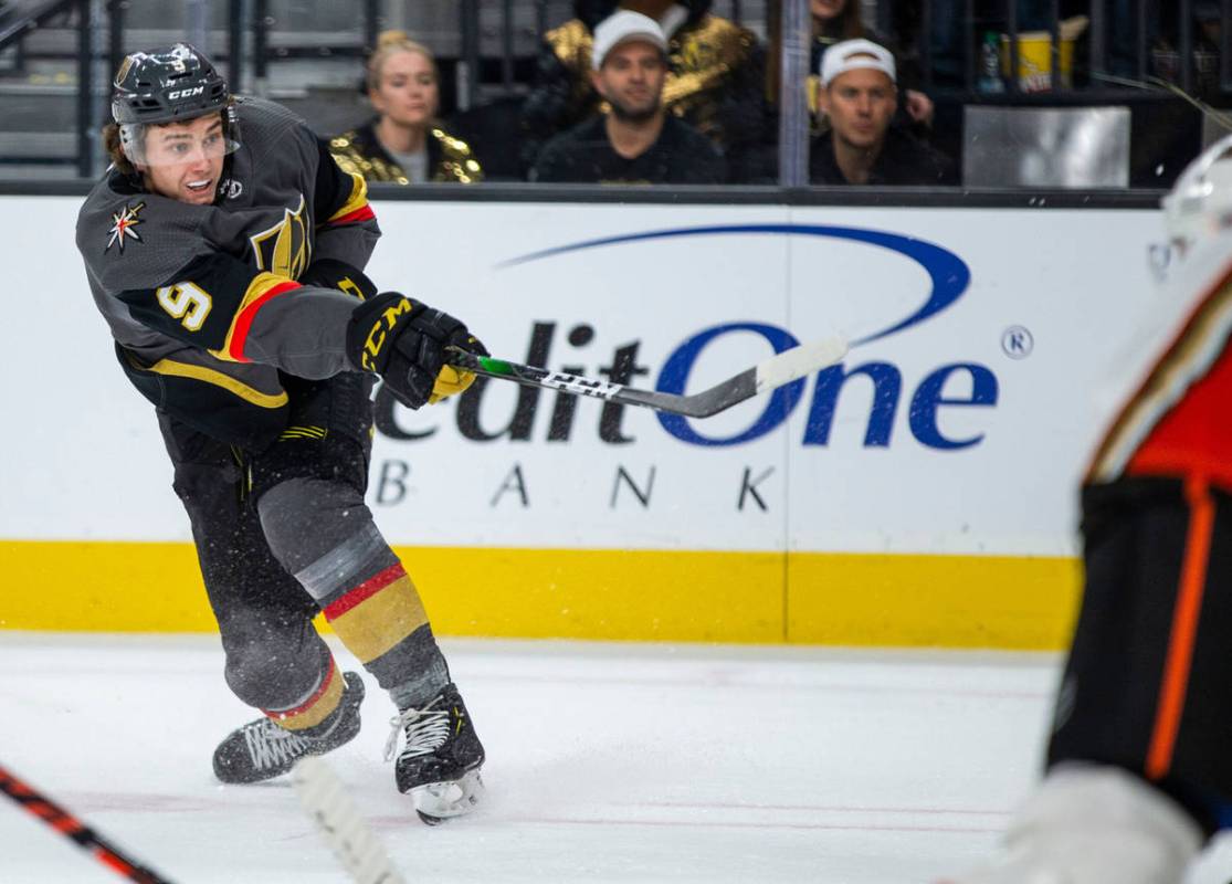 Vegas Golden Knights center Cody Glass (9) fires a shot a goal versus the Anaheim Ducks during ...