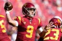 Southern California quarterback Kedon Slovis (9) throws a pass during the second half of an NCA ...