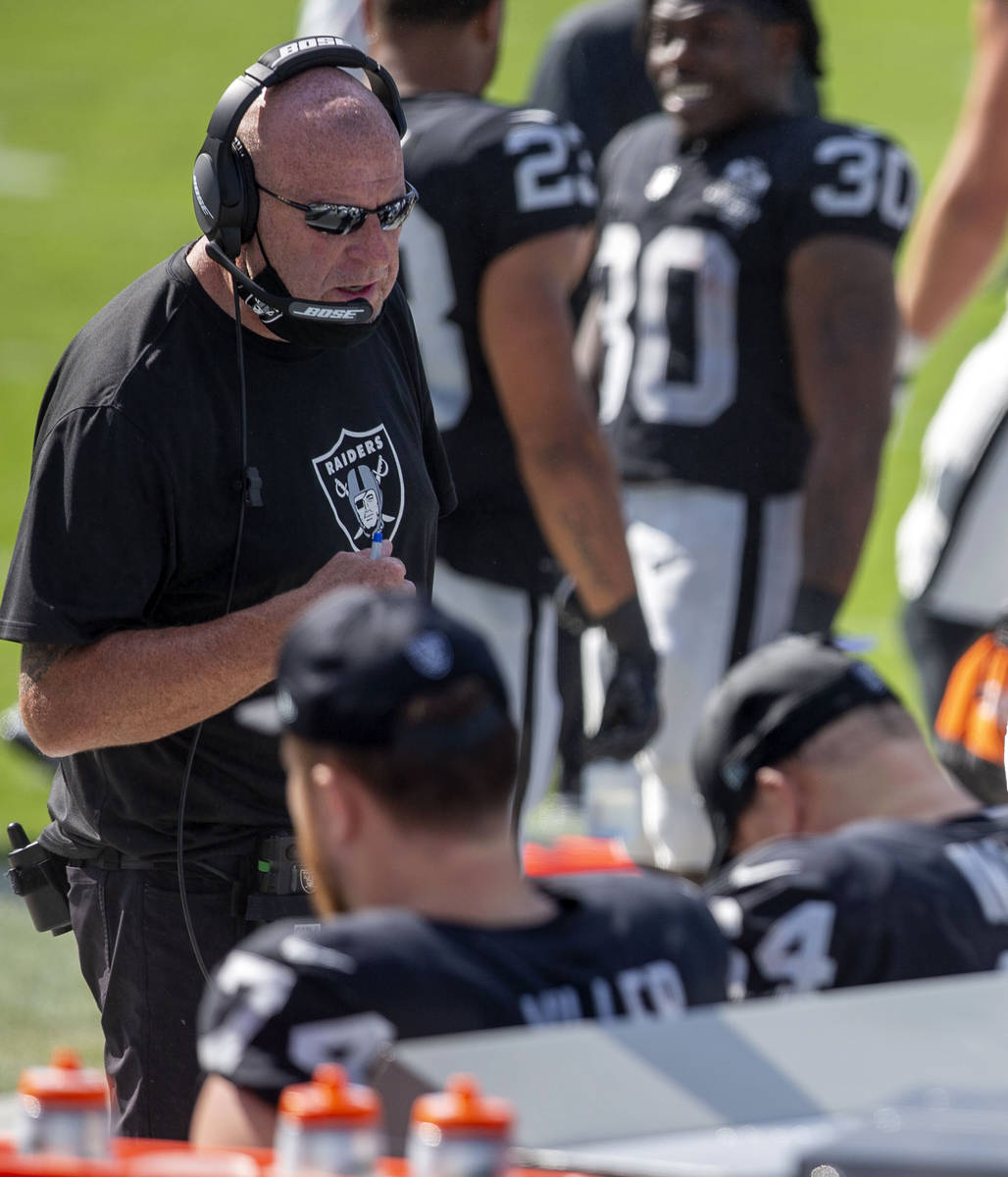 Las Vegas Raiders offensive line coach Tom Cable has a discussion with the linemen on the sidel ...